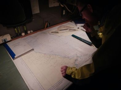 Plotting our course on the bridge