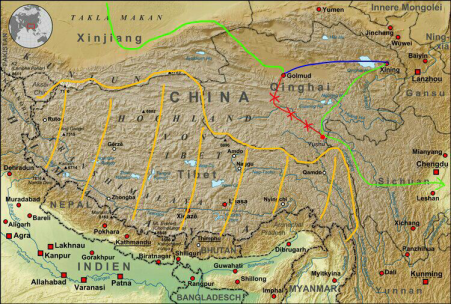 Things get complicated: in green, our route from the Taklamakan and onto the Tibetan plateau, via an enforced overnight bus to Xining (in blue); in red, our original barred route; hashed in yellow, the TAR.