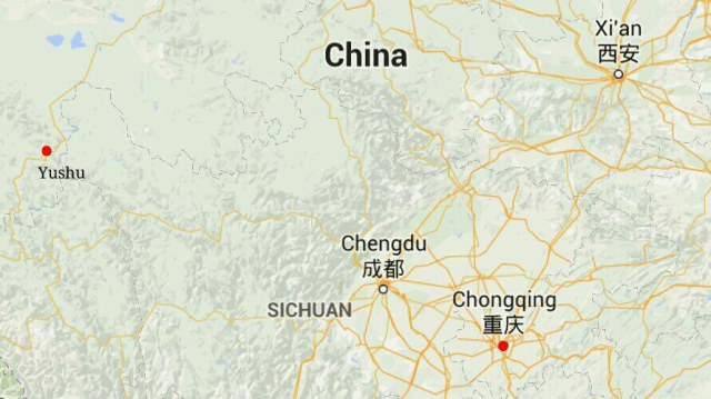 Joining the two red dots: some more climbs after Yushu, then down off the Plateau to Chongqing